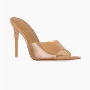 Black Suede Studio | Bella Peep Toe Translucent Mules | Toffee Patent